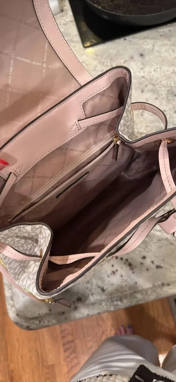 Michael Kors Jet Set Large Signature PVC Chain Backpack Blush & Cream NWOT MSR $